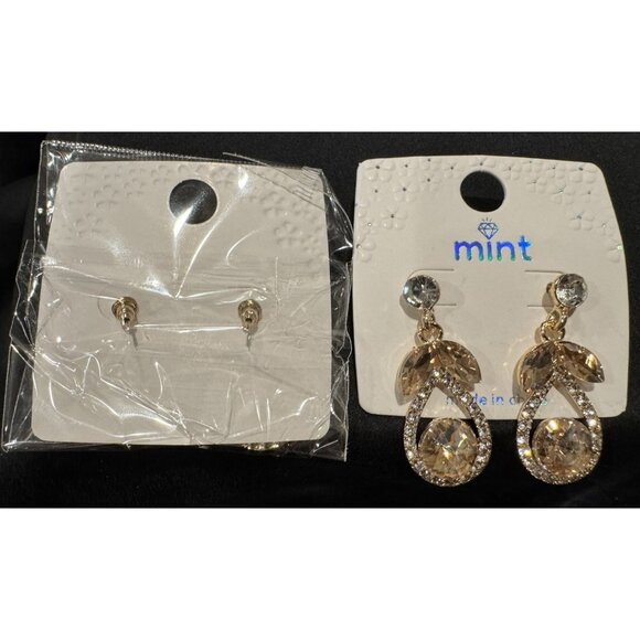 Mint Faux Amber Gold Crystal Rhinestone Earrings Party Wedding Cruise NEW - Picture 3 of 5